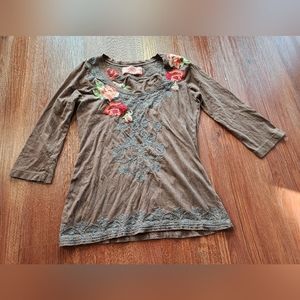 Johnny Was Brown Rose Embroidered Long Sleeve Tunic Shirt